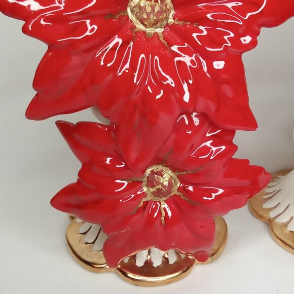 Mid Century Modern Christmas Candle Holder Set Of 2 Poinsettia Ceramic 1950s - Picture 4 of 15